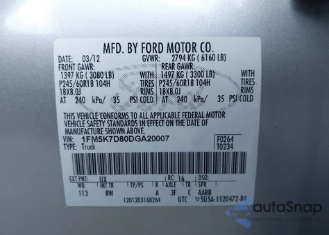 2013 Ford Explorer Xlt z USA, uszkodzony, nr VIN 1FM5K7D80DGA20007